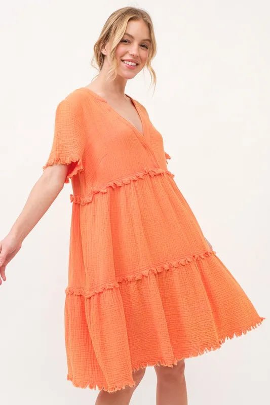 And The Why Washed Frayed Detail Tiered Dress - VeauBeauty