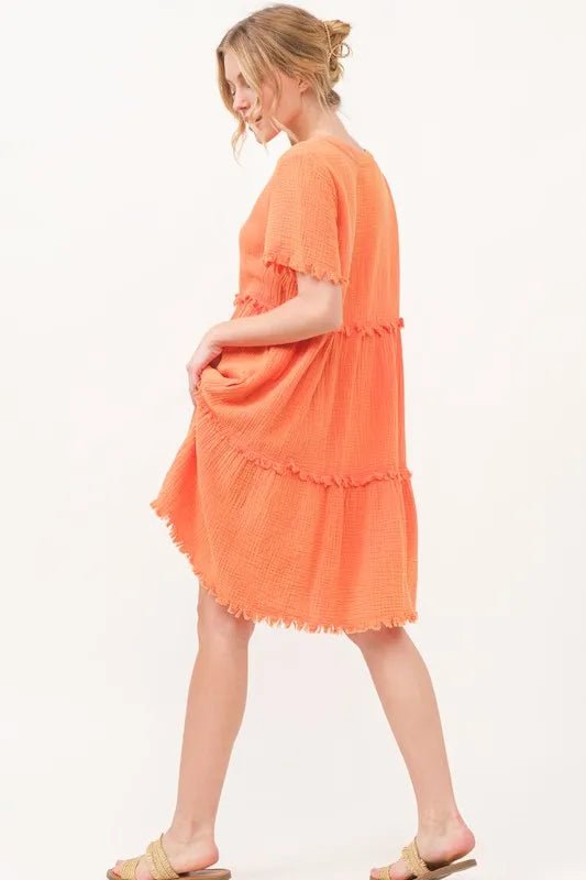 And The Why Washed Frayed Detail Tiered Dress - VeauBeauty