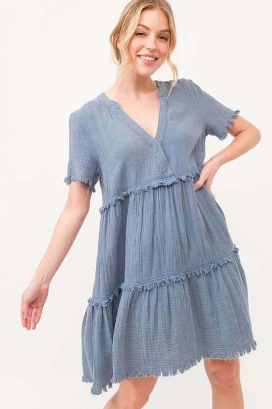 And The Why Washed Frayed Detail Tiered Dress - VeauBeauty