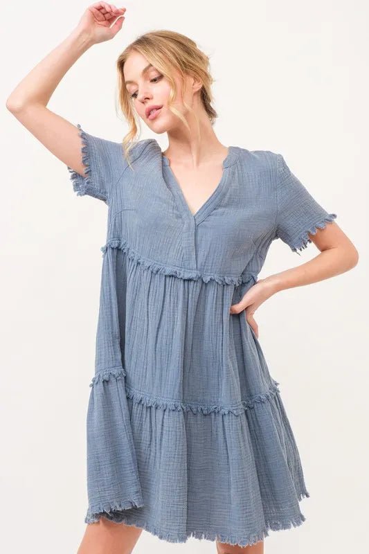 And The Why Washed Frayed Detail Tiered Dress - VeauBeauty