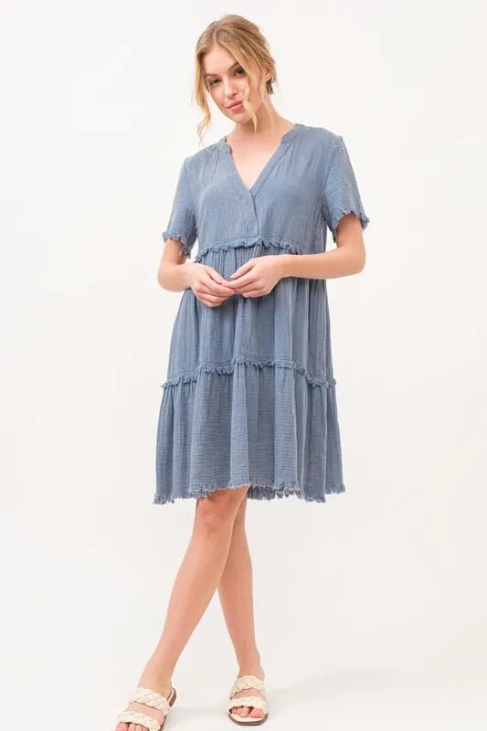 And The Why Washed Frayed Detail Tiered Dress - VeauBeauty