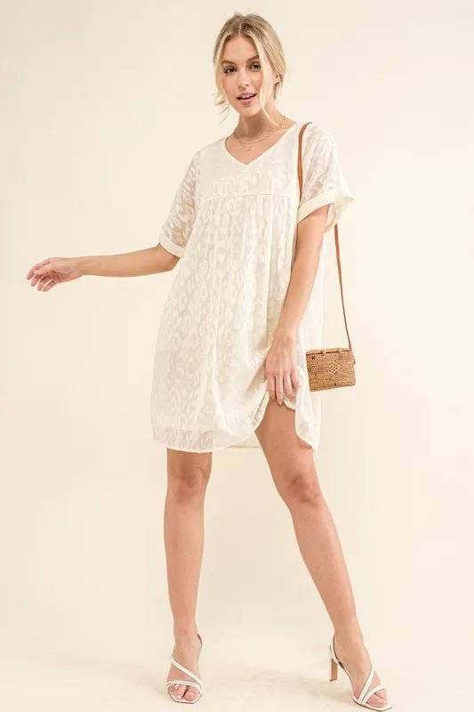 And The Why Woven Leopard Baby Doll Roll - Sleeve Casual Dress - VeauBeauty
