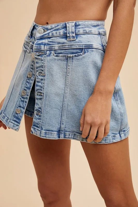 Annie Wear Button Detail Stretch Denim Wrap Mini Skort - VeauBeauty
