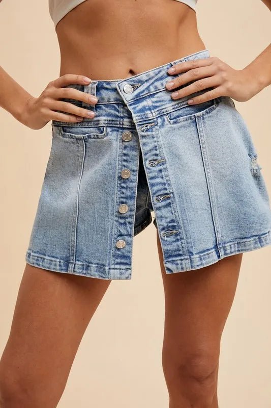 Annie Wear Button Detail Stretch Denim Wrap Mini Skort - VeauBeauty