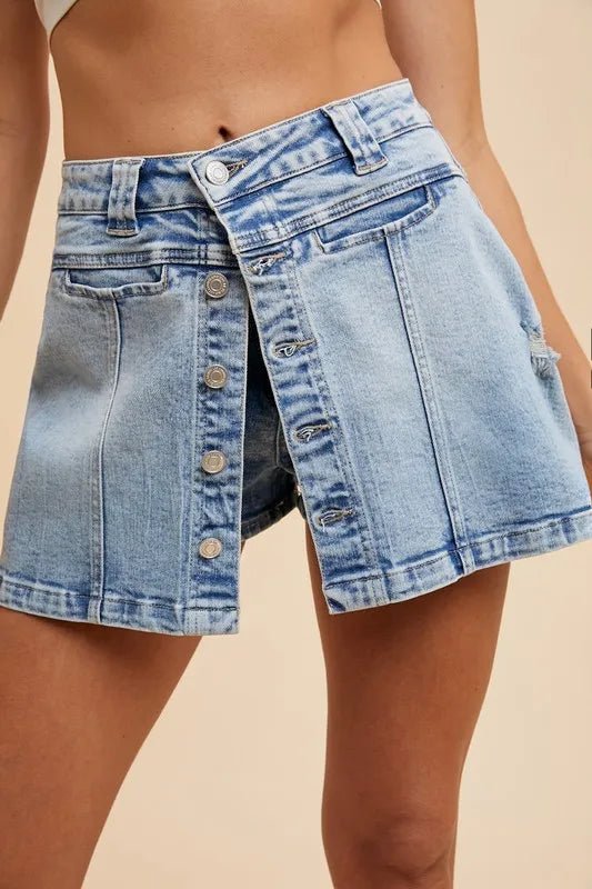 Annie Wear Button Detail Stretch Denim Wrap Mini Skort - VeauBeauty