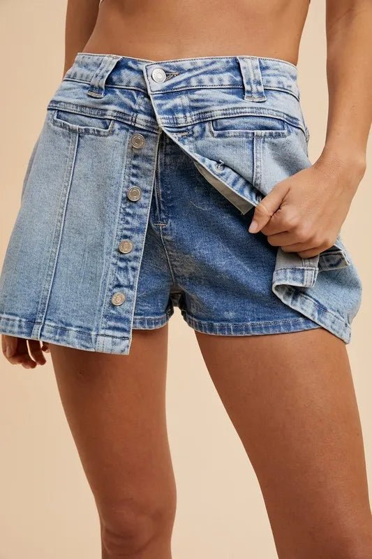 Annie Wear Button Detail Stretch Denim Wrap Mini Skort - VeauBeauty