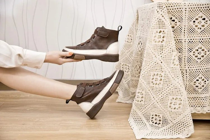 Antique Color Flat Leather Lace - Up Boots – Casual Student Winter Shoes - VeauBeauty