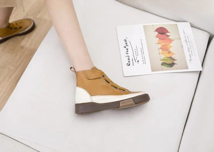 Antique Color Flat Leather Lace - Up Boots – Casual Student Winter Shoes - VeauBeauty