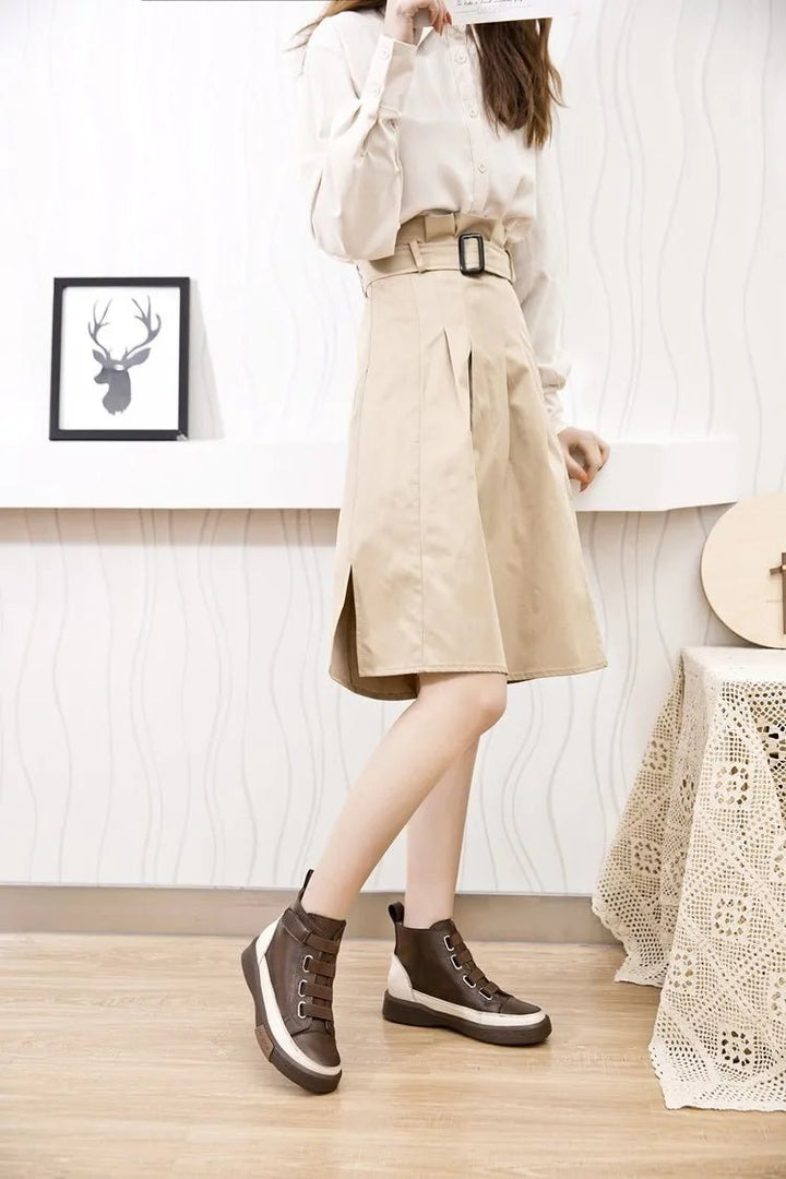 Antique Color Flat Leather Lace - Up Boots – Casual Student Winter Shoes - VeauBeauty