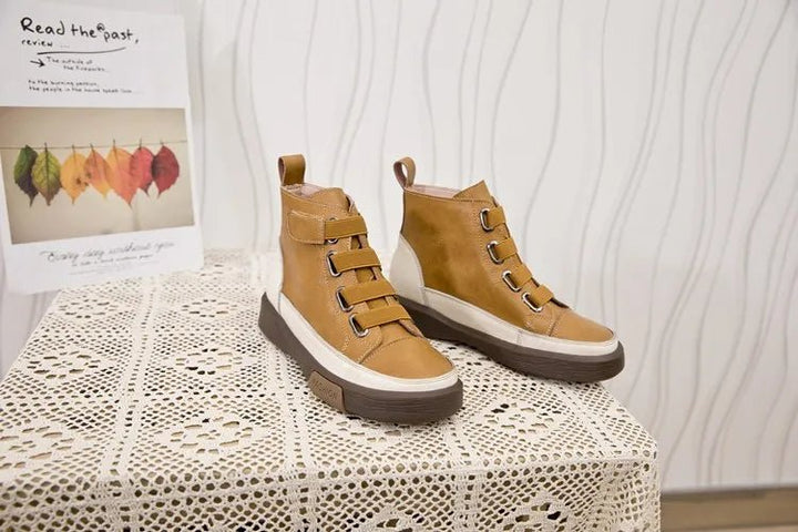 Antique Color Flat Leather Lace - Up Boots – Casual Student Winter Shoes - VeauBeauty