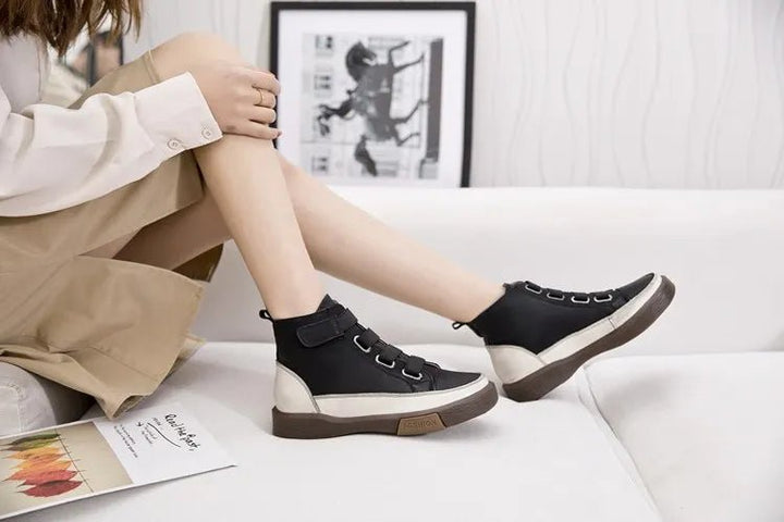 Antique Color Flat Leather Lace - Up Boots – Casual Student Winter Shoes - VeauBeauty