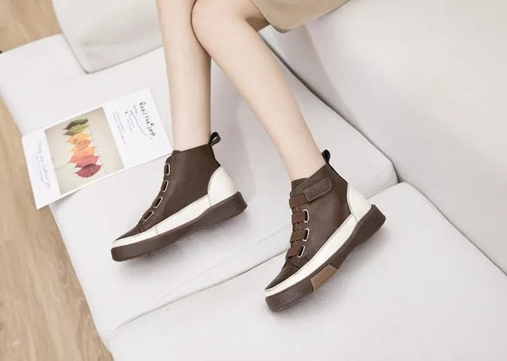 Antique Color Flat Leather Lace - Up Boots – Casual Student Winter Shoes - VeauBeauty