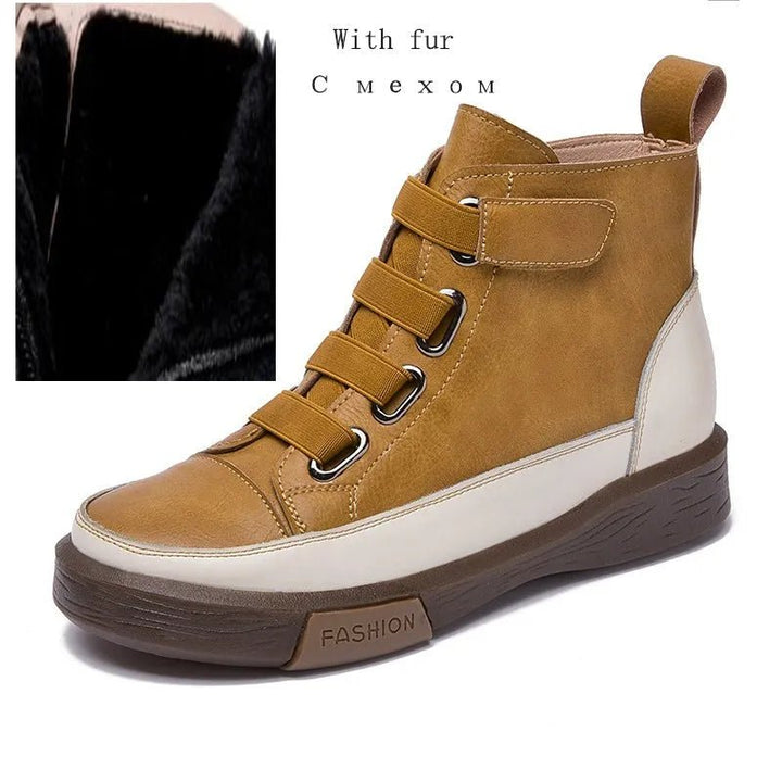 Antique Color Flat Leather Lace - Up Boots – Casual Student Winter Shoes - VeauBeauty