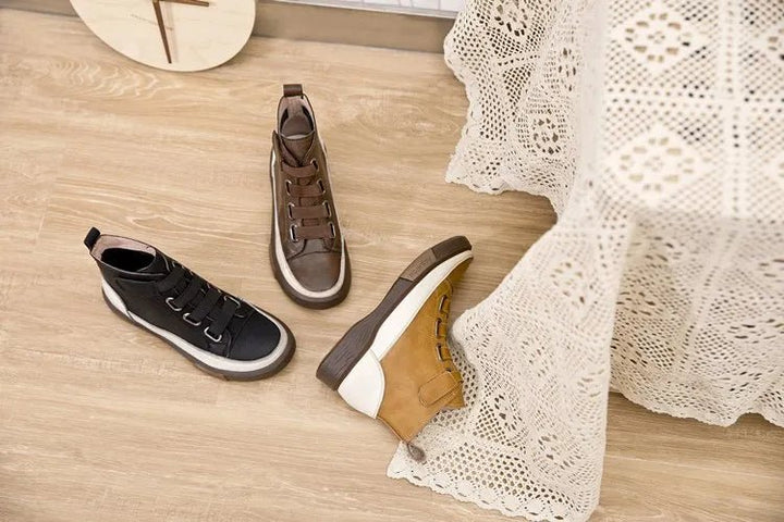 Antique Color Flat Leather Lace - Up Boots – Casual Student Winter Shoes - VeauBeauty