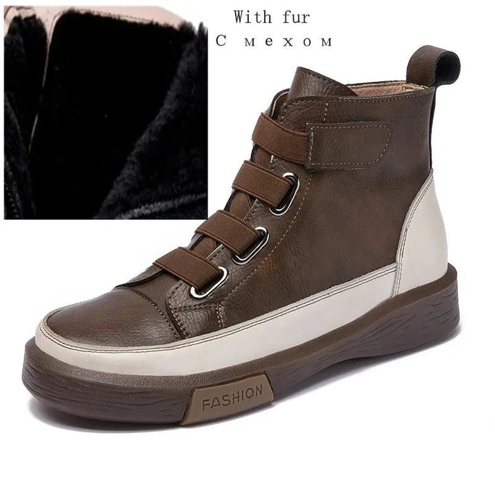 Antique Color Flat Leather Lace - Up Boots – Casual Student Winter Shoes - VeauBeauty
