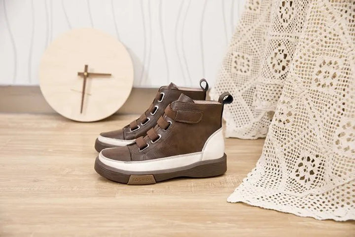 Antique Color Flat Leather Lace - Up Boots – Casual Student Winter Shoes - VeauBeauty