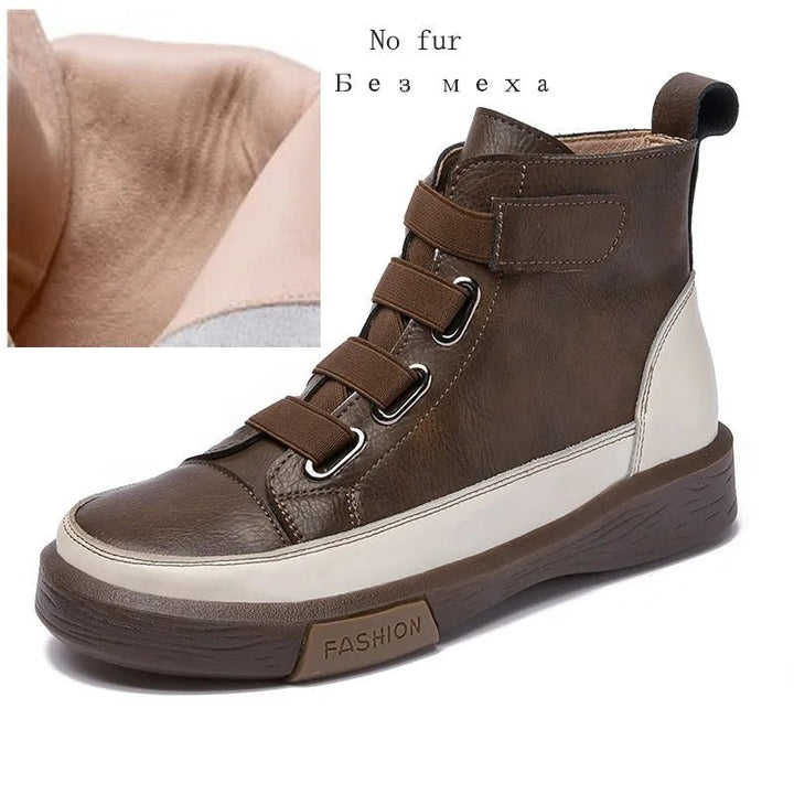 Antique Color Flat Leather Lace - Up Boots – Casual Student Winter Shoes - VeauBeauty
