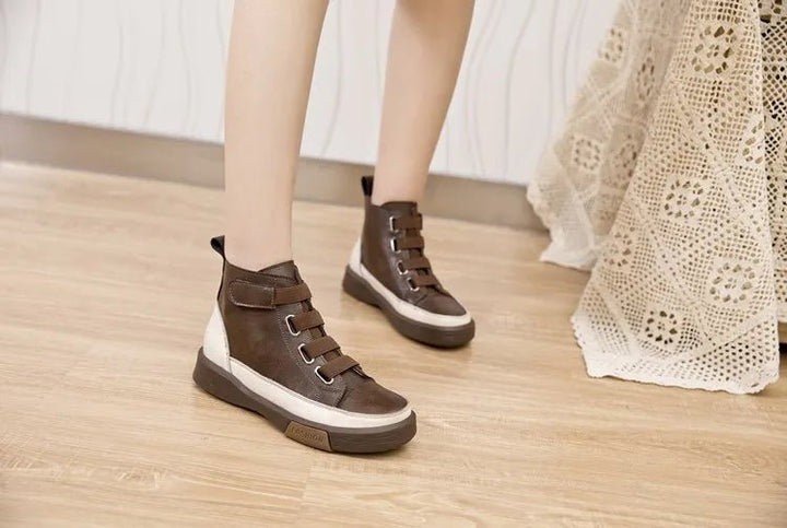 Antique Color Flat Leather Lace - Up Boots – Casual Student Winter Shoes - VeauBeauty