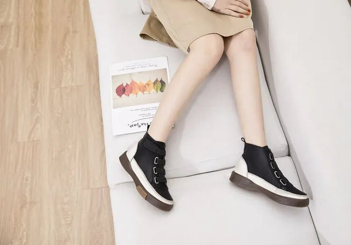 Antique Color Flat Leather Lace - Up Boots – Casual Student Winter Shoes - VeauBeauty