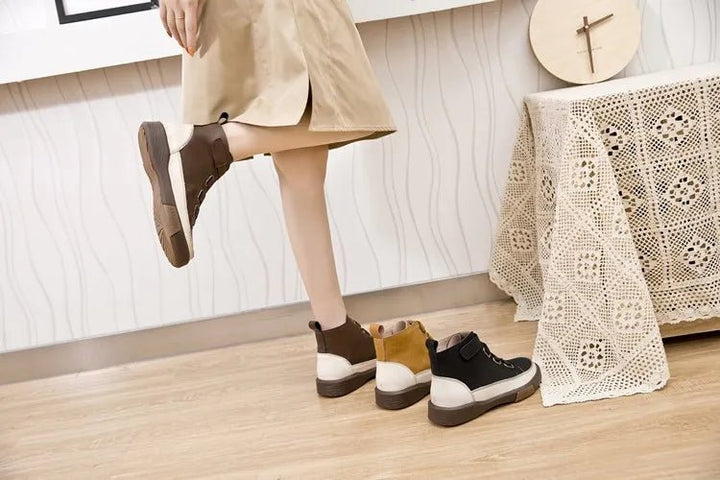 Antique Color Flat Leather Lace - Up Boots – Casual Student Winter Shoes - VeauBeauty