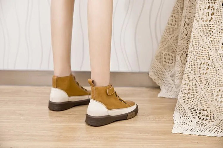 Antique Color Flat Leather Lace - Up Boots – Casual Student Winter Shoes - VeauBeauty