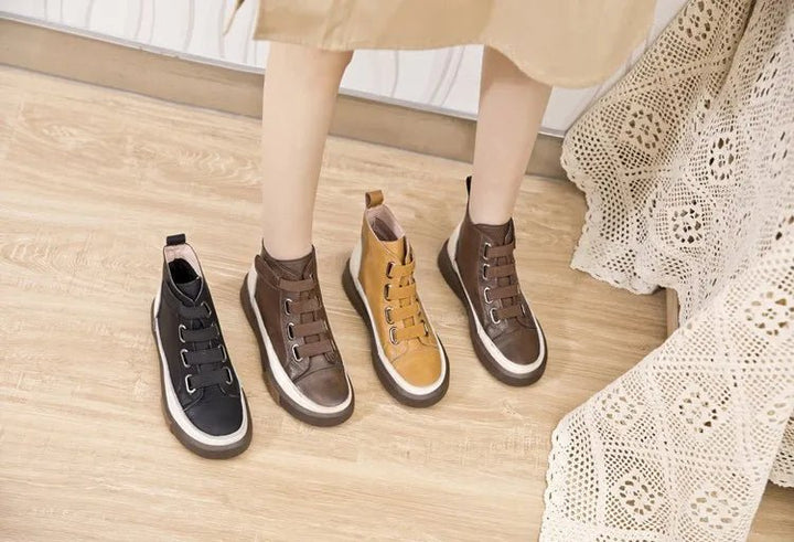 Antique Color Flat Leather Lace - Up Boots – Casual Student Winter Shoes - VeauBeauty