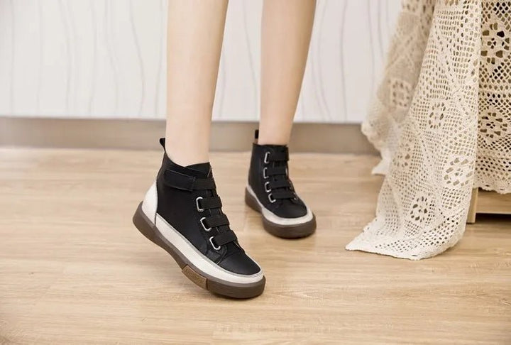 Antique Color Flat Leather Lace - Up Boots – Casual Student Winter Shoes - VeauBeauty