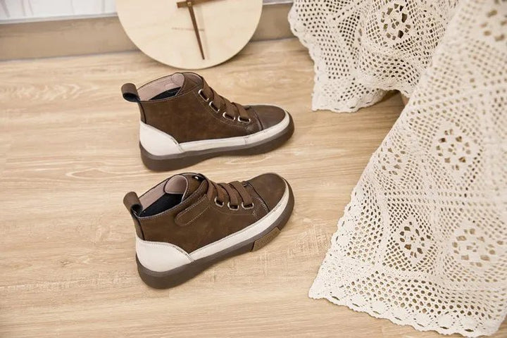 Antique Color Flat Leather Lace - Up Boots – Casual Student Winter Shoes - VeauBeauty
