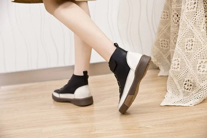 Antique Color Flat Leather Lace - Up Boots – Casual Student Winter Shoes - VeauBeauty