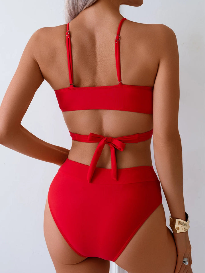 Aurora Red Bikini – 2025 High Waist Cross Strappy Swimsuit for Women - VeauBeauty