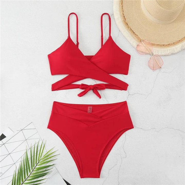 Aurora Red Bikini – 2025 High Waist Cross Strappy Swimsuit for Women - VeauBeauty