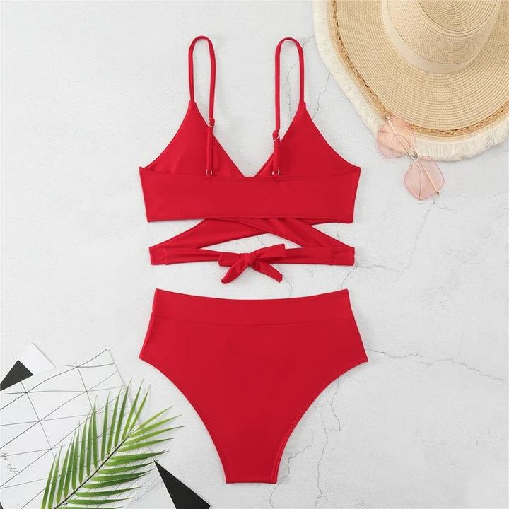 Aurora Red Bikini – 2025 High Waist Cross Strappy Swimsuit for Women - VeauBeauty