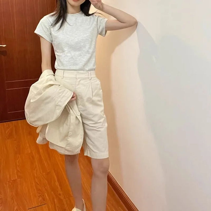 Basic Slim Fit Cotton T-Shirt – Korean Style Summer Crop - VeauBeauty