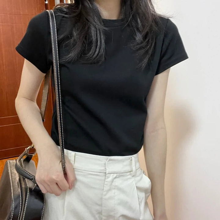 Basic Slim Fit Cotton T-Shirt – Korean Style Summer Crop - VeauBeauty
