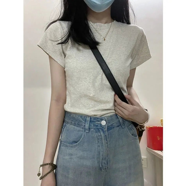 Basic Slim Fit Cotton T-Shirt – Korean Style Summer Crop - VeauBeauty