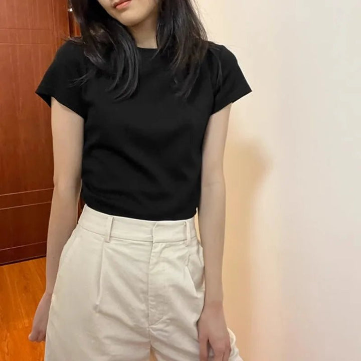 Basic Slim Fit Cotton T-Shirt – Korean Style Summer Crop - VeauBeauty
