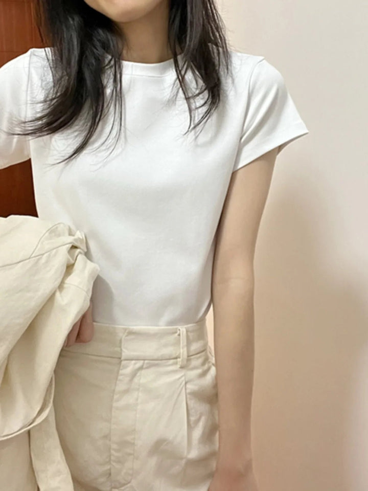 Basic Slim Fit Cotton T-Shirt – Korean Style Summer Crop - VeauBeauty