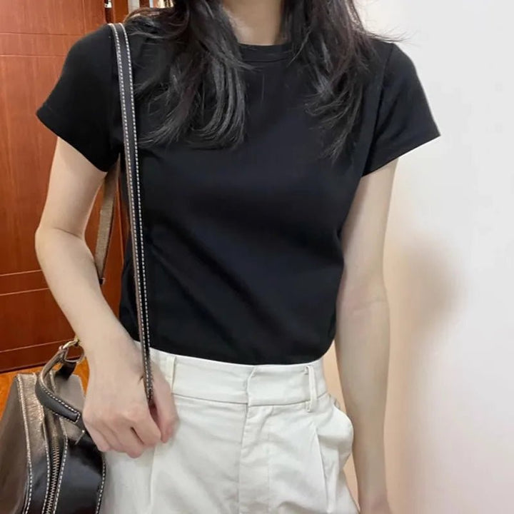Basic Slim Fit Cotton T-Shirt – Korean Style Summer Crop - VeauBeauty