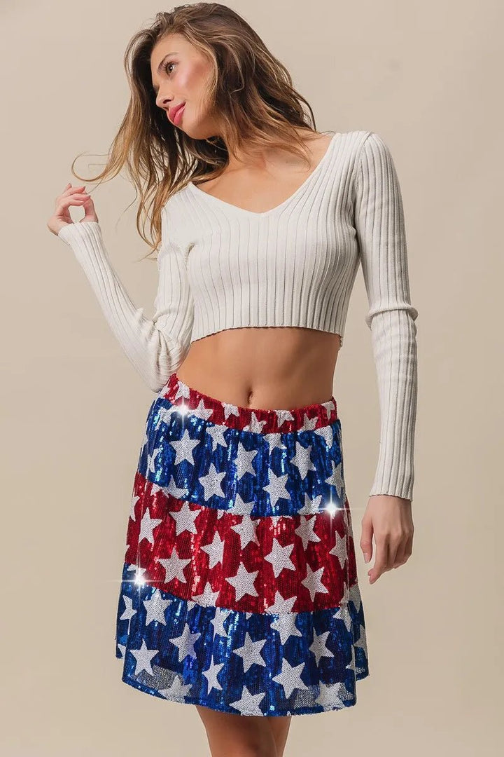 BiBi American Flag Theme Star Sequin Tiered Skirt - VeauBeauty