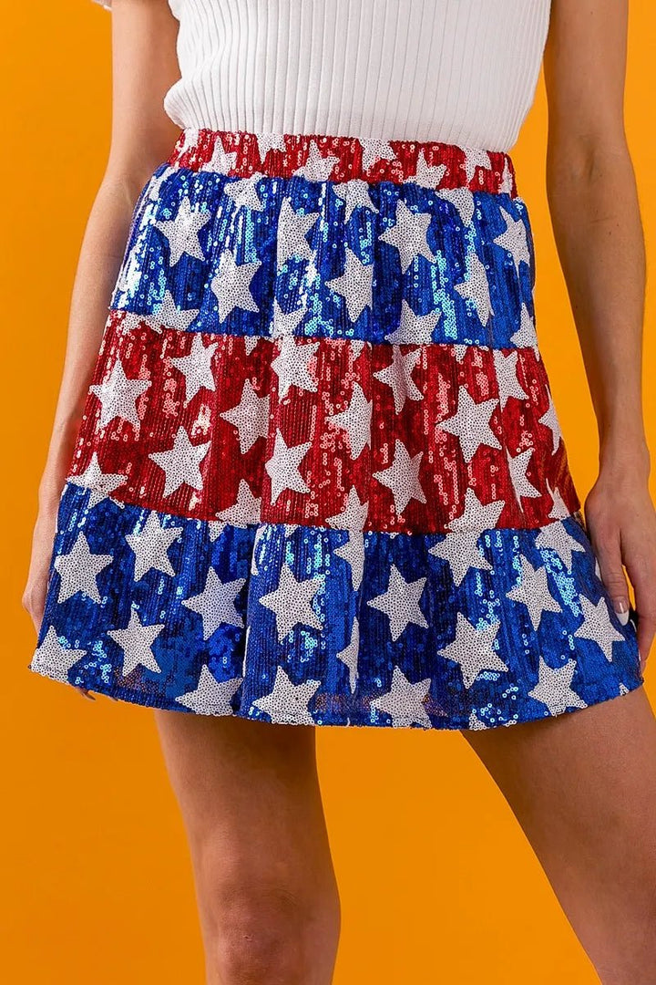 BiBi American Flag Theme Star Sequin Tiered Skirt - VeauBeauty
