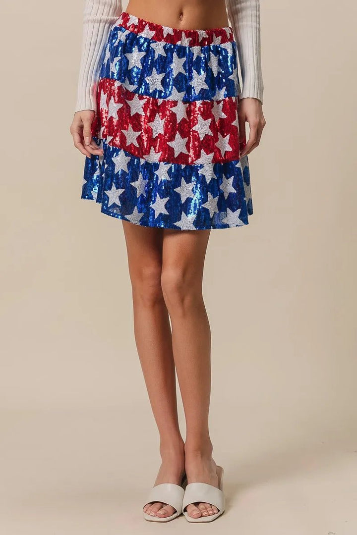 BiBi American Flag Theme Star Sequin Tiered Skirt - VeauBeauty