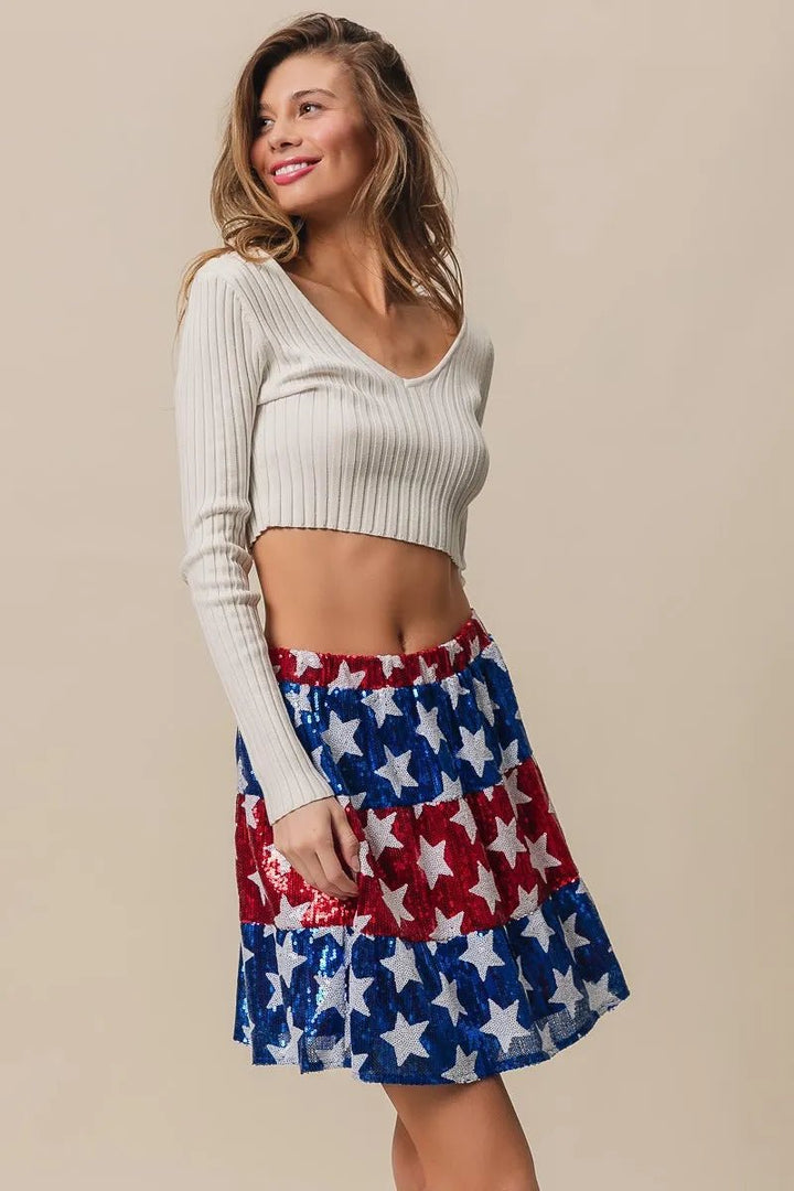 BiBi American Flag Theme Star Sequin Tiered Skirt - VeauBeauty