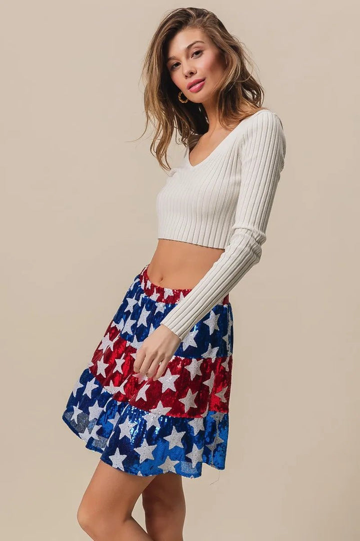 BiBi American Flag Theme Star Sequin Tiered Skirt - VeauBeauty