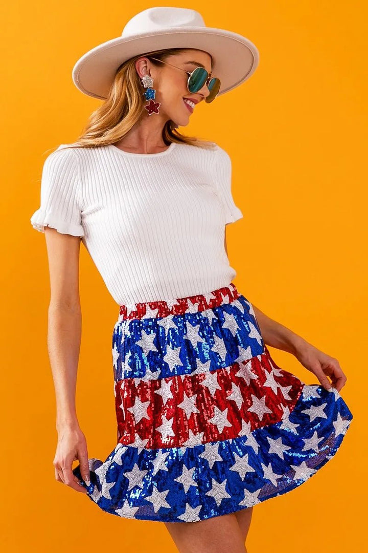 BiBi American Flag Theme Star Sequin Tiered Skirt - VeauBeauty