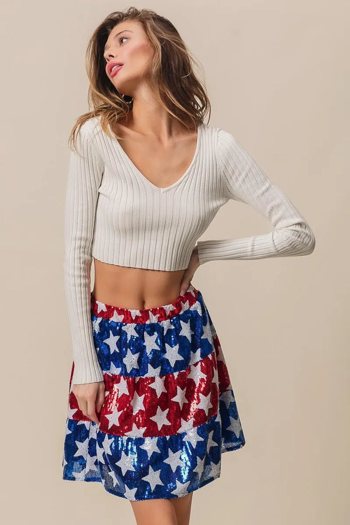 BiBi American Flag Theme Star Sequin Tiered Skirt - VeauBeauty