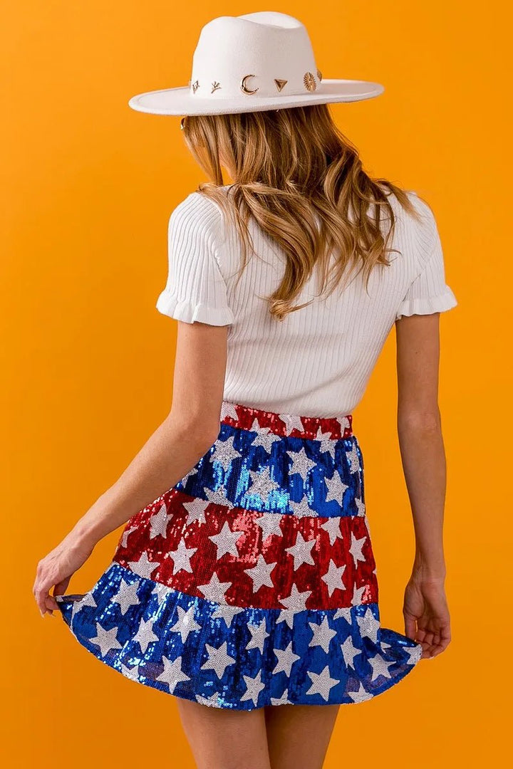 BiBi American Flag Theme Star Sequin Tiered Skirt - VeauBeauty