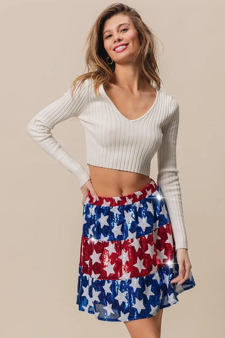 BiBi American Flag Theme Star Sequin Tiered Skirt - VeauBeauty