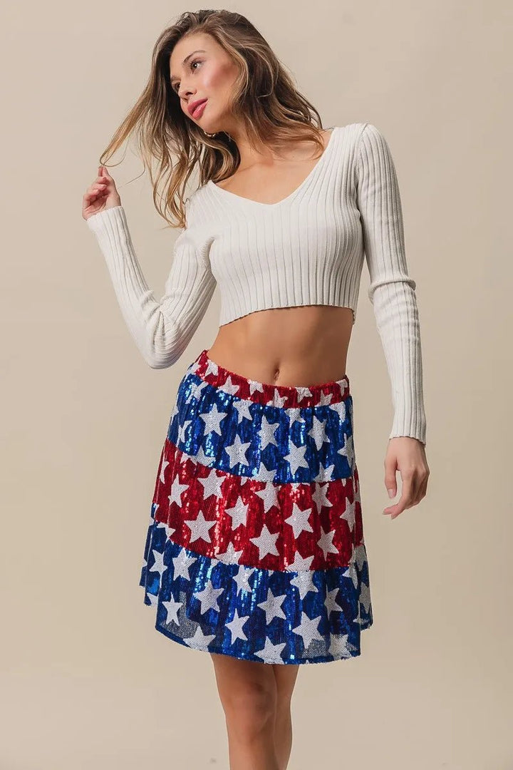 BiBi American Flag Theme Star Sequin Tiered Skirt - VeauBeauty
