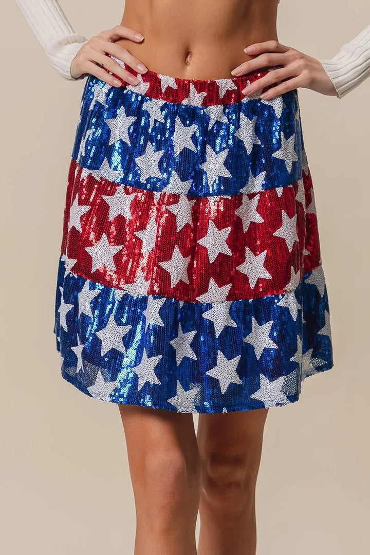 BiBi American Flag Theme Star Sequin Tiered Skirt - VeauBeauty