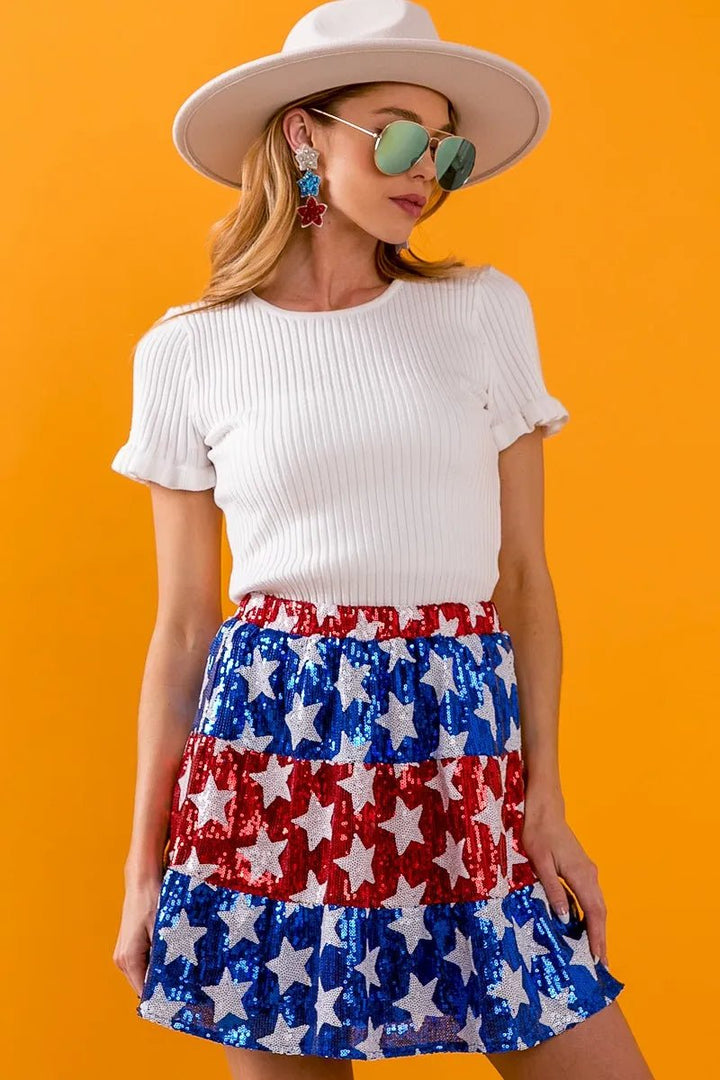 BiBi American Flag Theme Star Sequin Tiered Skirt - VeauBeauty